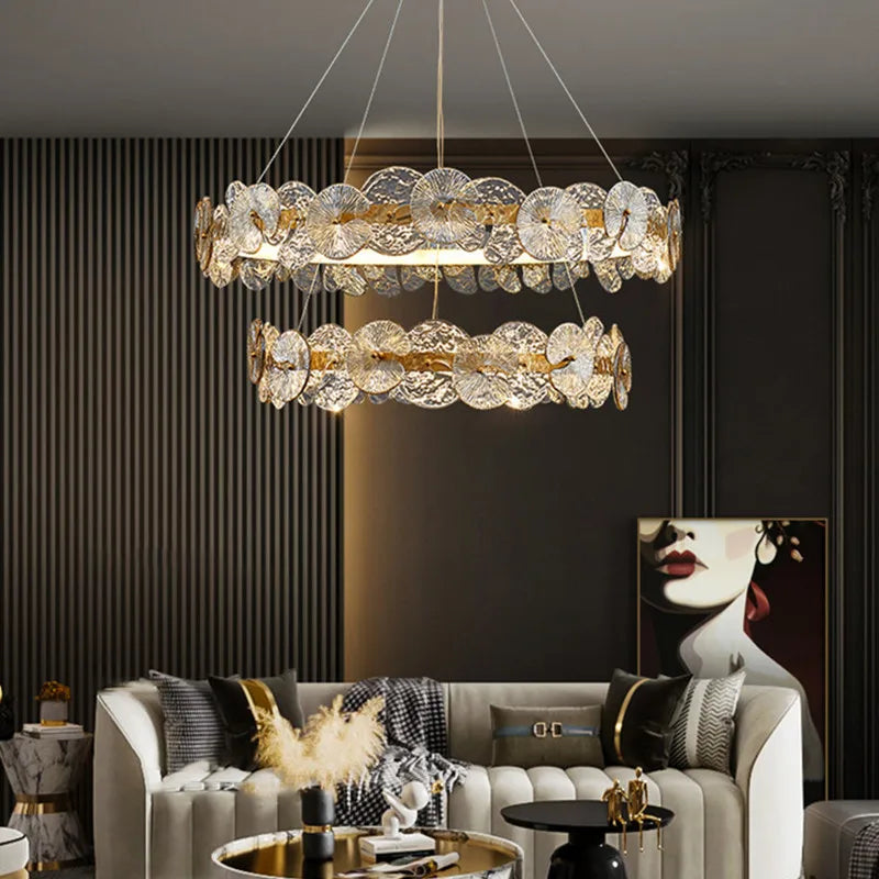 Lustre Suspension Cuisine Anneau LED Disques de Verre Doré, Ø 40 à 80 cm