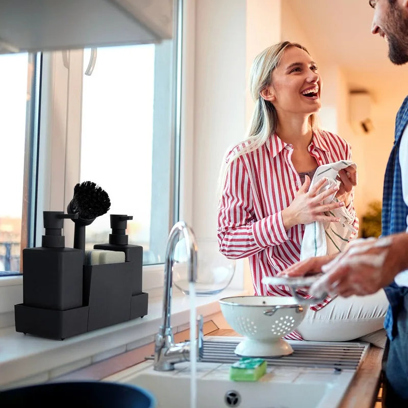 Distributeur de Savon Cuisine Double avec Plateau, Porte-Éponge et Brosse