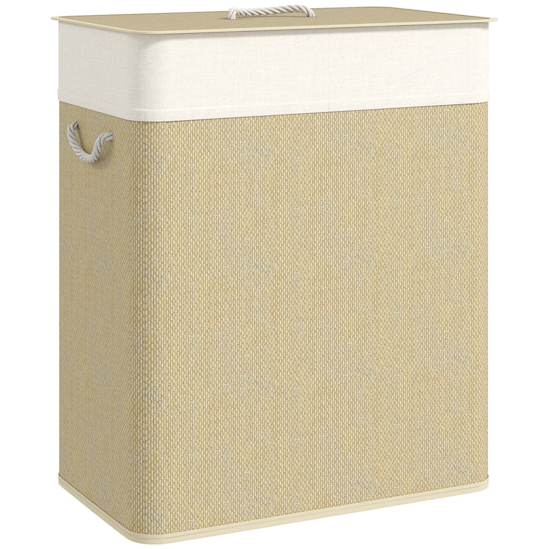 Panier à Linge Double Compartiment Bambou 100 L Crème