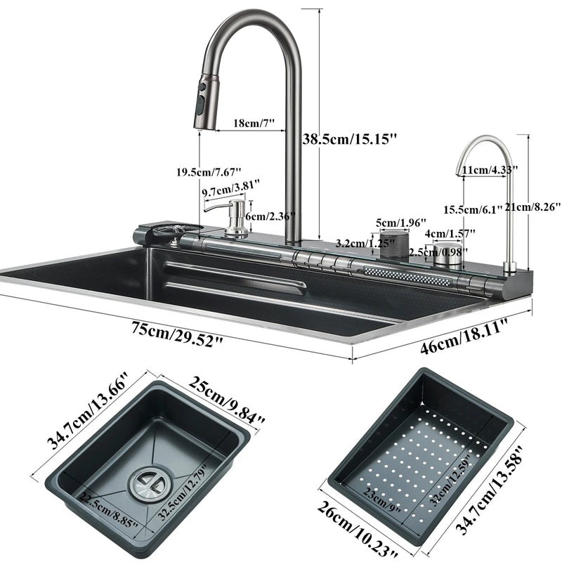 Évier Cuisine Inox Noir 1 Bac Cascade Rince-Verre, 60 ou 75 cm