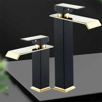 Mitigeur Lavabo Cascade Carré Noir et Doré, Modèle Bas ou Haut, 4 Finitions