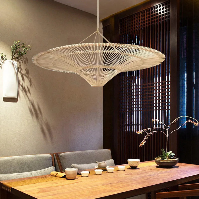 Suspension Cuisine Rotin Chapeau de Paille Wabi-Sabi, Ø 60 à 120 cm