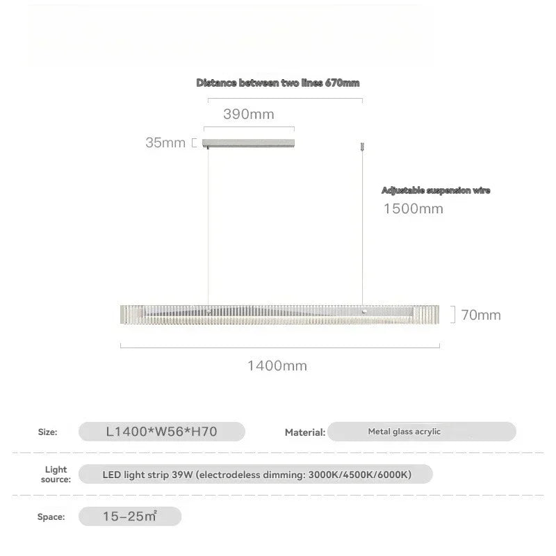 Suspension Cuisine Linéaire LED Verre Cannelé, 3 Finitions, 100 à 140 cm