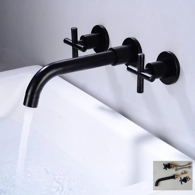 Robinet Mural Lavabo en Laiton à Croisillons, Chromé, Noir ou Doré