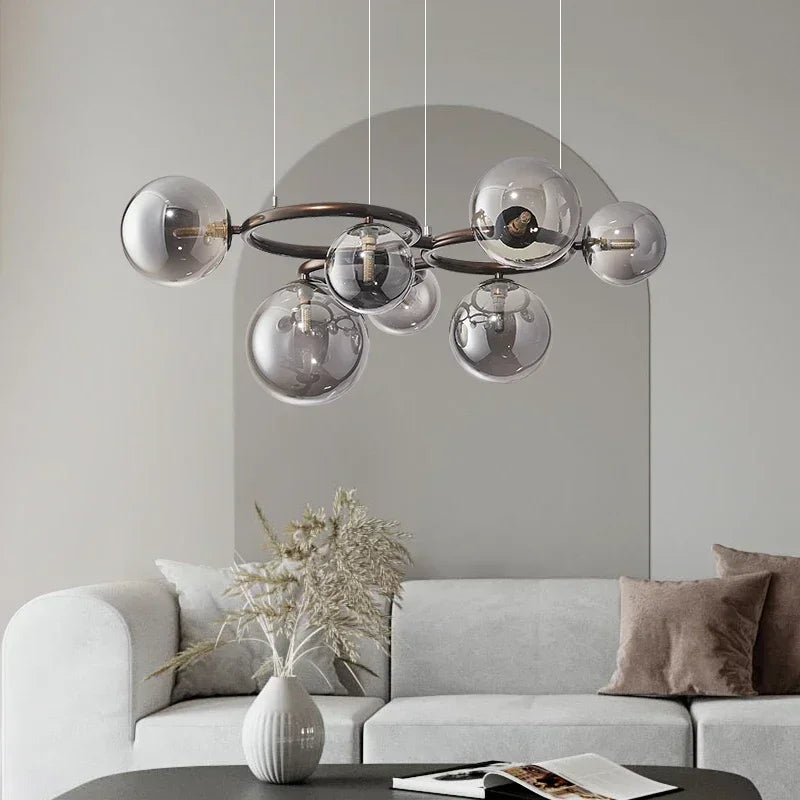 Suspension Cuisine Globes Verre sur Anneaux, 5, 7 ou 9 Têtes