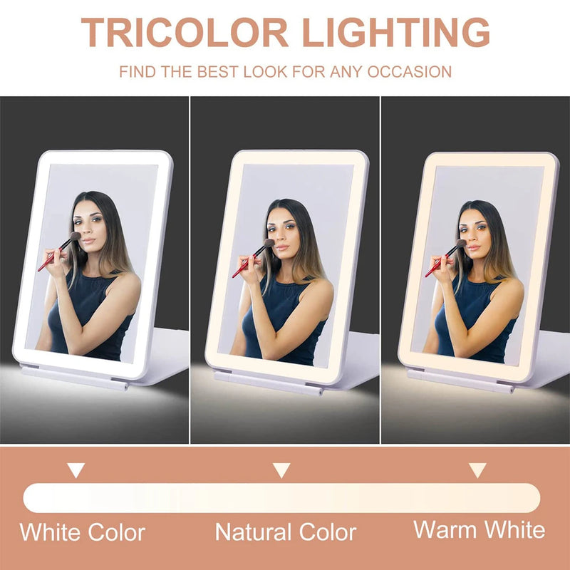 Miroir de Maquillage LED Pliant Rechargeable USB, 3 Teintes de Lumière