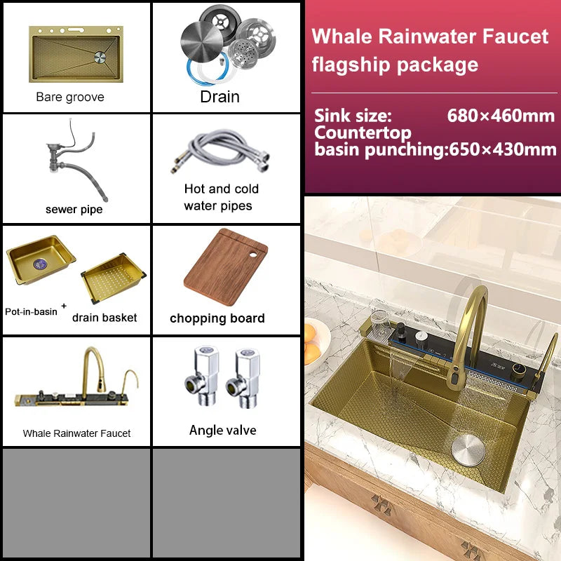 Évier de Cuisine Inox 1 Bac avec Robinet Cascade, 68 à 88 cm