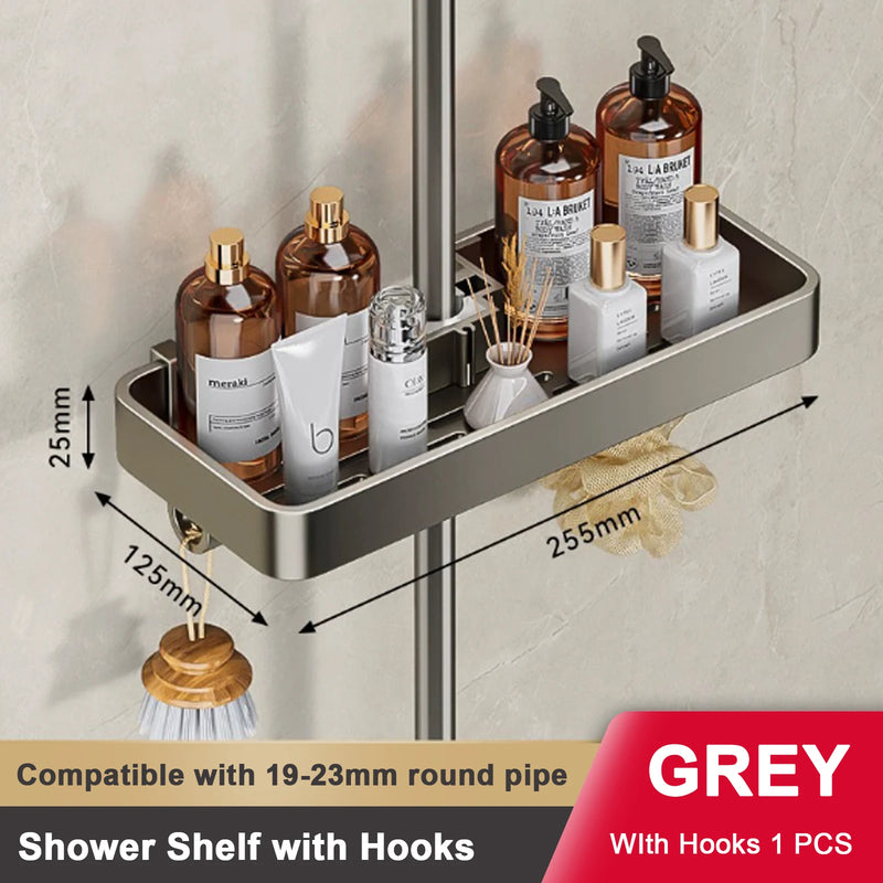 Étagère de Douche Aluminium Gris pour Colonne, Sans Perçage, 1 ou 2 Plateaux