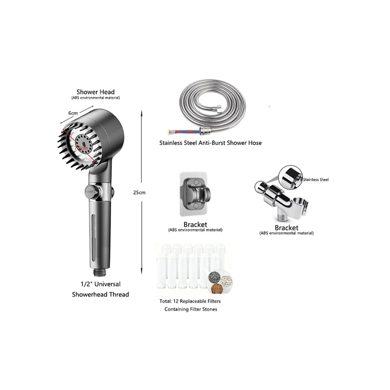 Kit Pommeau de Douche Gris 3 Modes, 12 Filtres et 2 Supports
