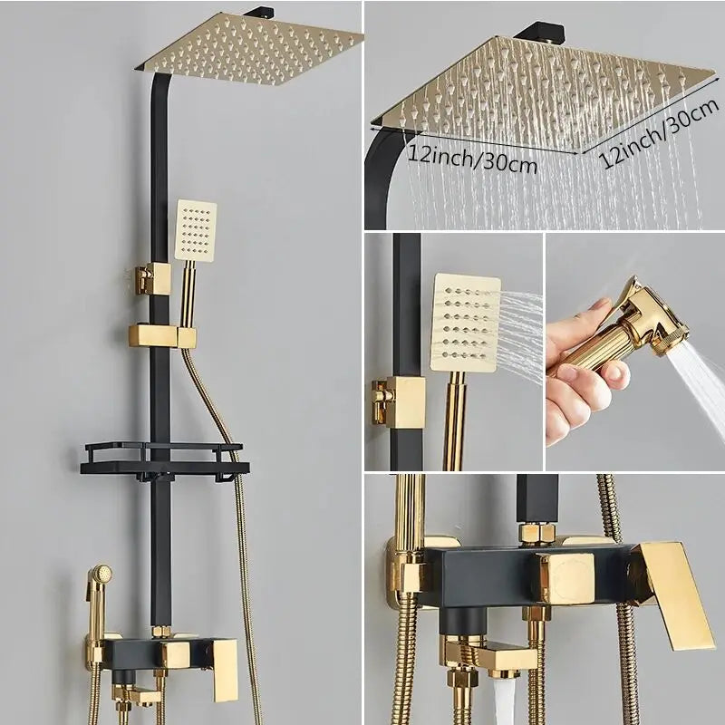 Colonne de Douche Laiton avec Étagère, Jet Hygiénique et Bec Baignoire