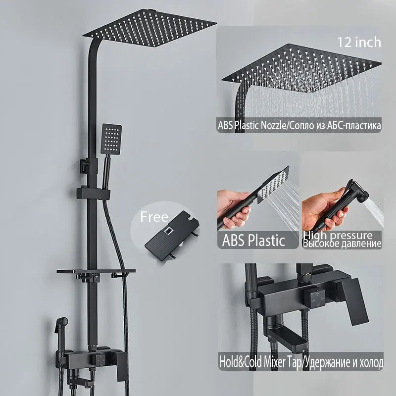 Colonne de Douche Réglable 73 à 116 cm avec Étagère, Noir, Chromé ou Doré