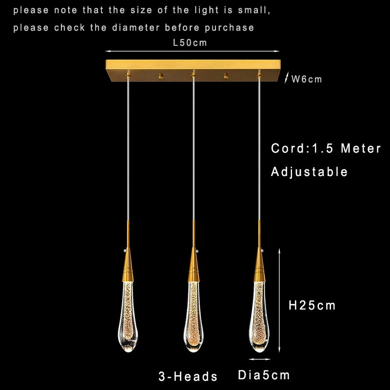 Suspension Cuisine Goutte d'Eau Cristal Doré LED, 1 à 10 Gouttes