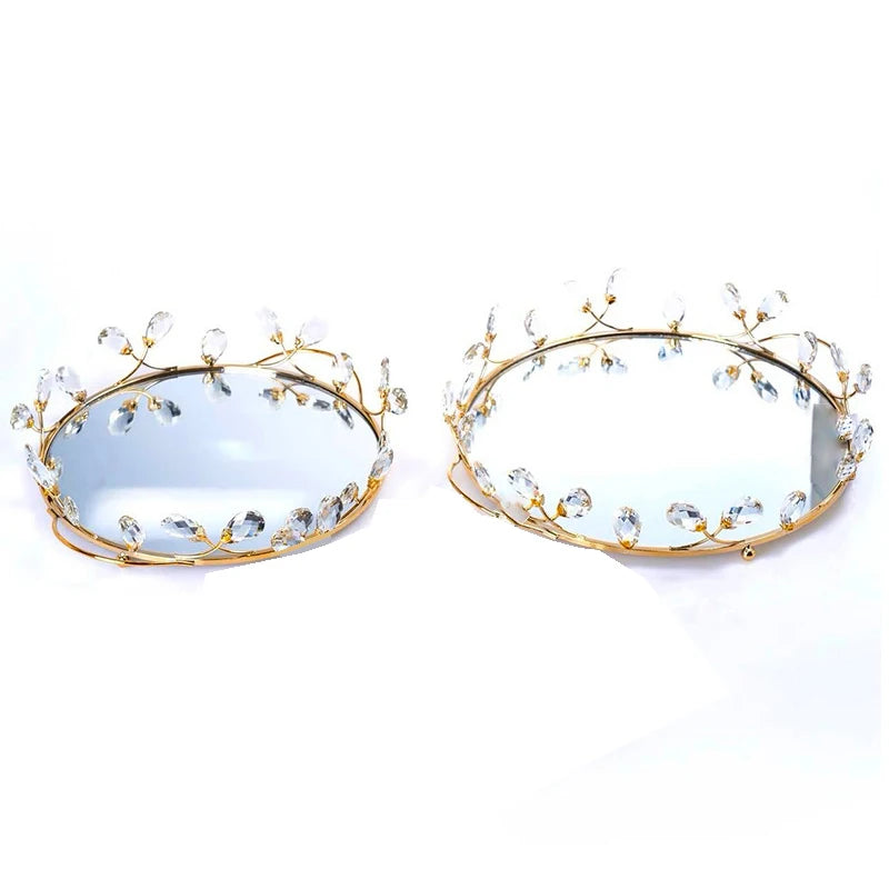 Plateau Miroir Rond Doré avec Pendeloques Transparentes 25 ou 30 cm
