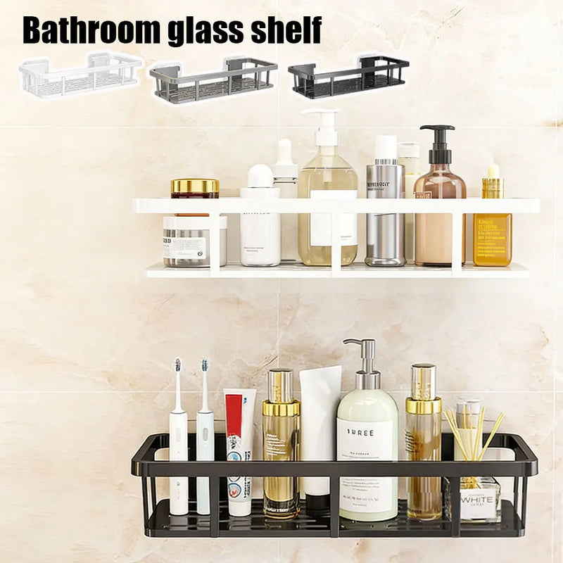 Étagère Salle de Bain Adhésive Ajourée, Noir, Gris ou Blanc, 27 cm