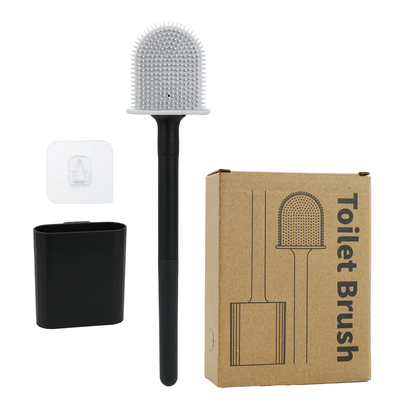 Brosse WC Silicone à Long Manche avec Support Mural Adhésif, Noir ou Blanc