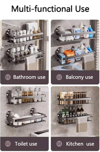 Étagère Salle de Bain Aluminium Gris à Ventouses, 1 ou 2 Plateaux