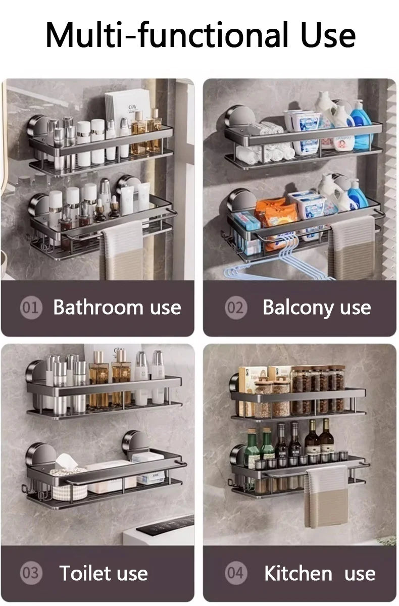 Étagère Salle de Bain Aluminium Gris à Ventouses, 1 ou 2 Plateaux