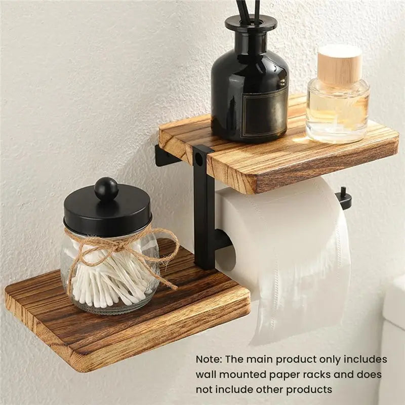Porte-Papier Toilette Mural avec 2 Étagères en Bois, Support Métal Noir