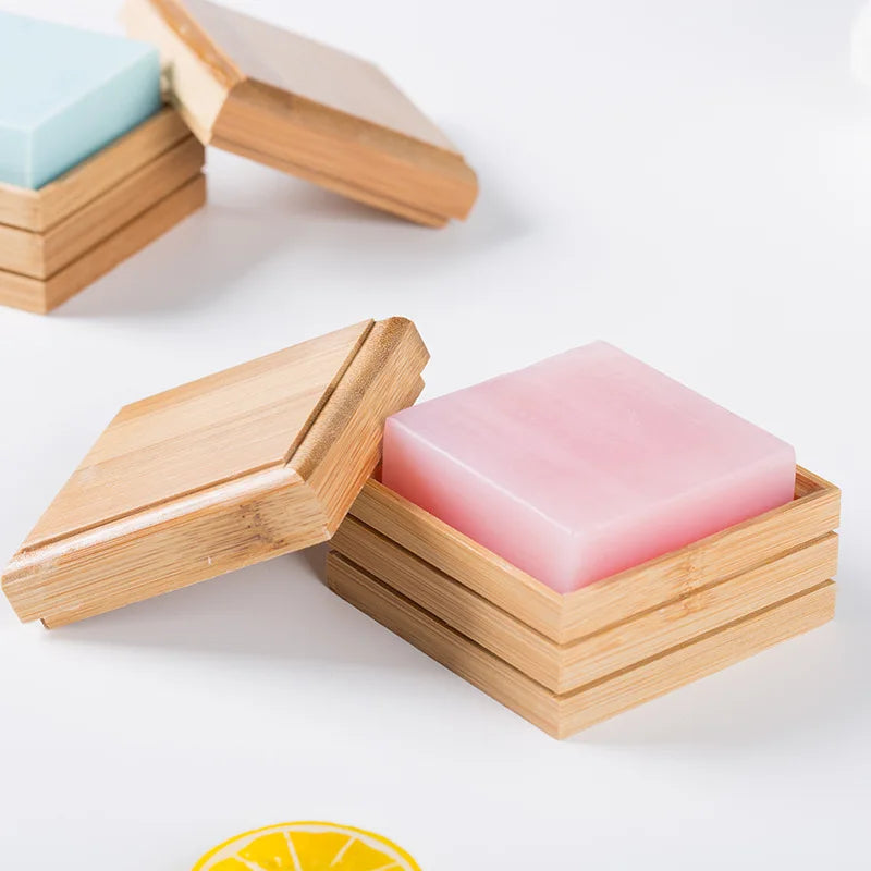 Porte-Savon en Bambou avec Couvercle, Boîte à Savon Carrée à Lamelles