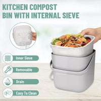 Poubelle Cuisine Compost avec Couvercle et Panier Filtrant Amovible, Gris Clair