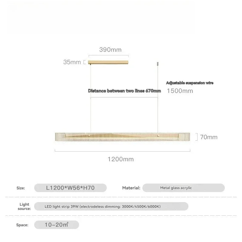 Suspension Cuisine Linéaire LED Verre Cannelé, 3 Finitions, 100 à 140 cm