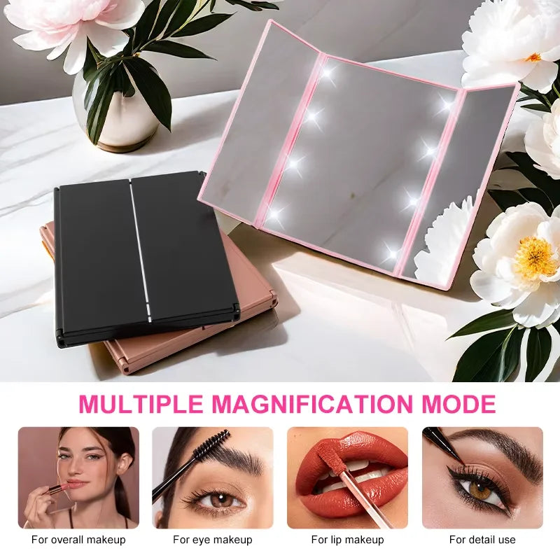 Miroir de Maquillage LED Pliant 3 Volets, Blanc, Noir ou Rose