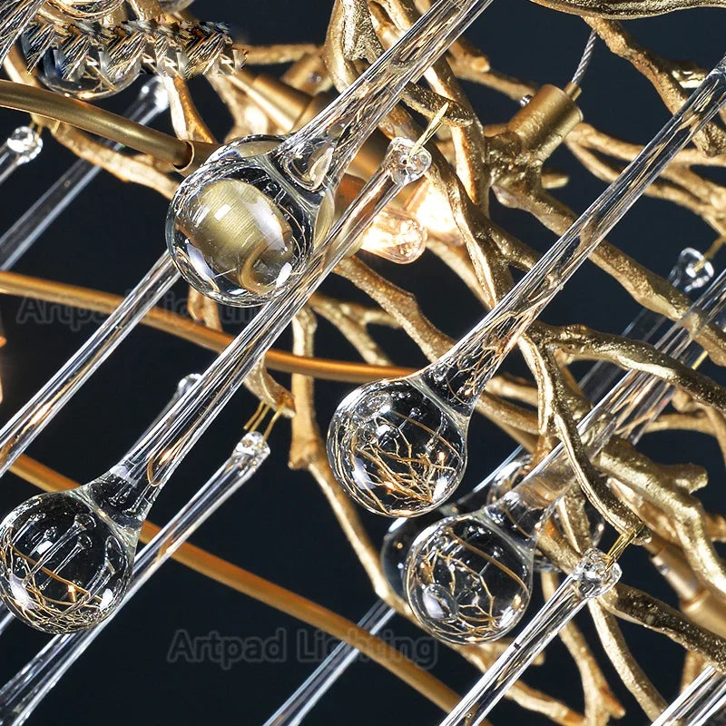 Lustre Suspension Cuisine Branches et Gouttes de Cristal, Doré ou Argenté, 100 à 150 cm