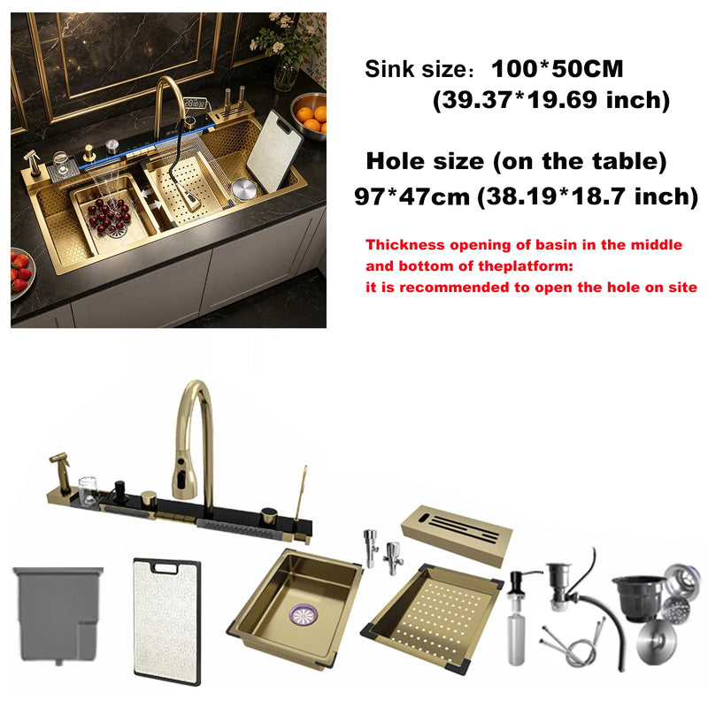 Évier de Cuisine Inox 304 Multifonction, Robinet Cascade, 68 à 100 cm
