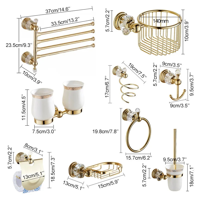 Accessoires Salle de Bain Doré à Cristal avec Gobelets Blancs, à la Pièce, 12 Articles