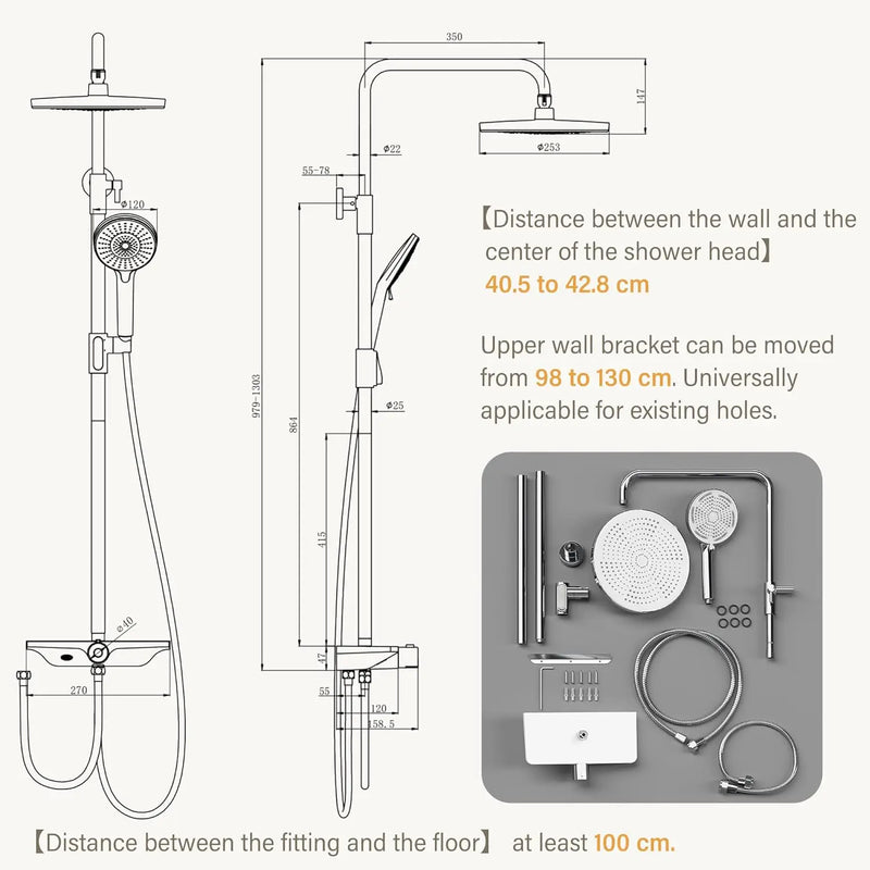 Colonne de Douche Murale Inox avec Étagère Intégrée