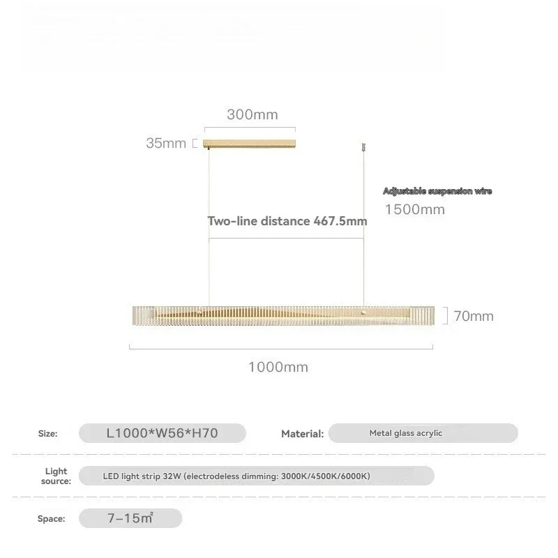Suspension Cuisine Linéaire LED Verre Cannelé, 3 Finitions, 100 à 140 cm