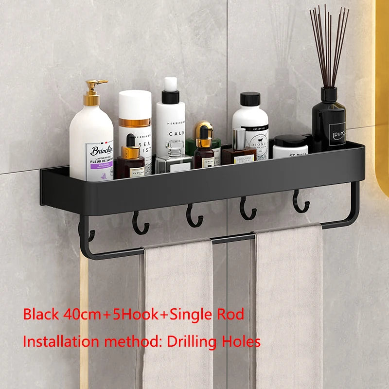 Étagère Salle de Bain Murale Aluminium Noir ou Gris, 30 ou 40 cm
