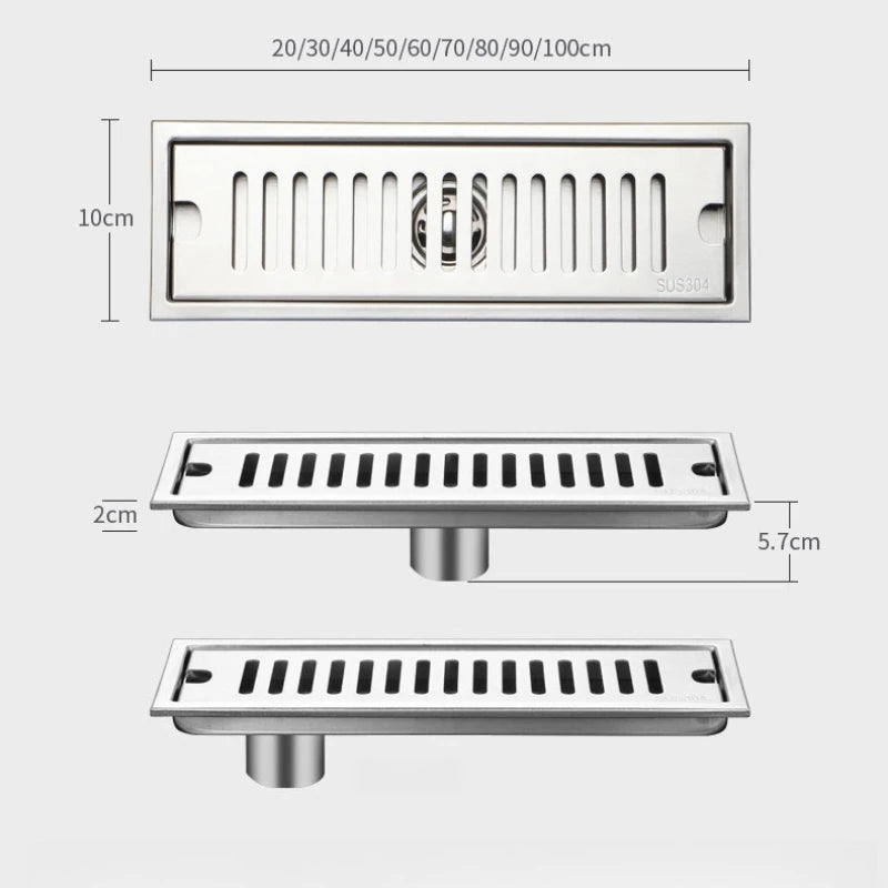 Caniveau de Douche Inox 304 Brossé ou Noir, 20 à 60 cm