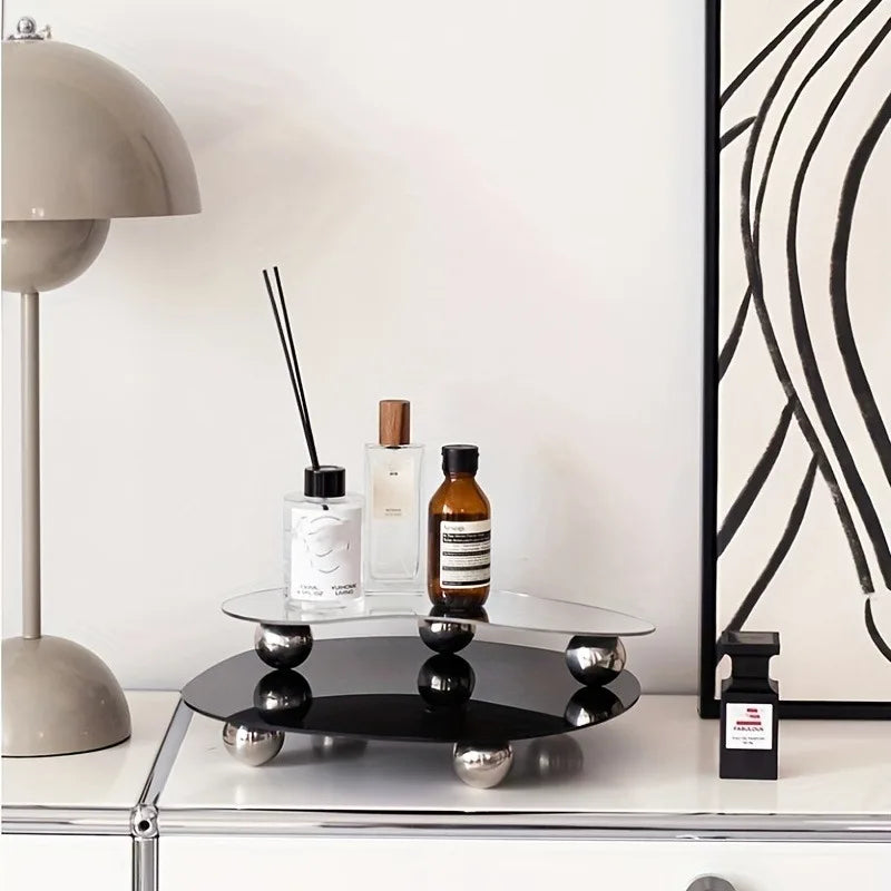 Plateau Miroir Forme Libre sur Pieds Boules, Argenté ou Noir