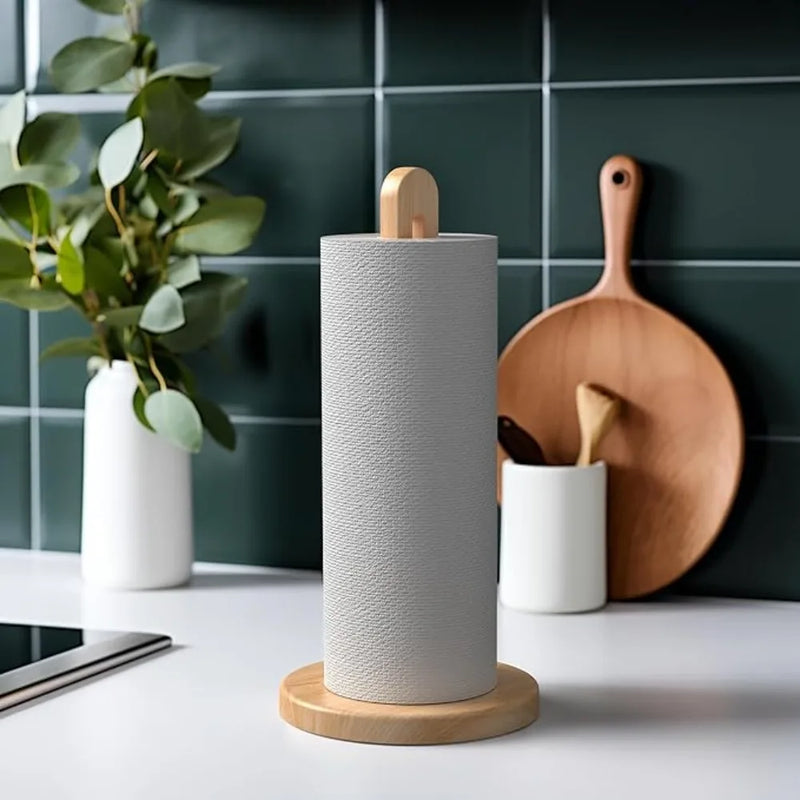 Porte-Essuie-Tout en Bois sur Pied, Tige Ajourée et Base Antidérapante 31 cm