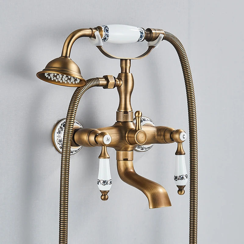 Robinet Baignoire Douche Rétro à Double Poignée, avec Douchette