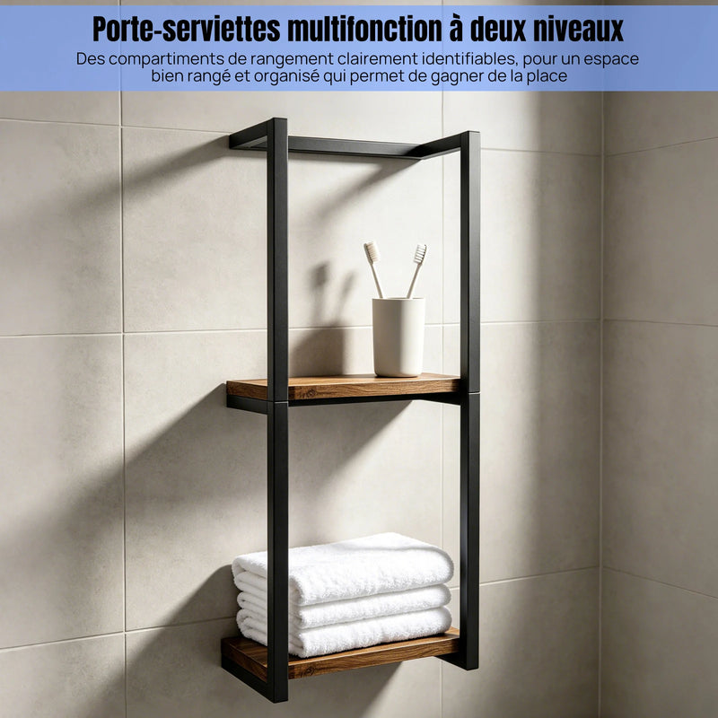 Porte-Serviette Mural 2 Niveaux avec Étagère Noir
