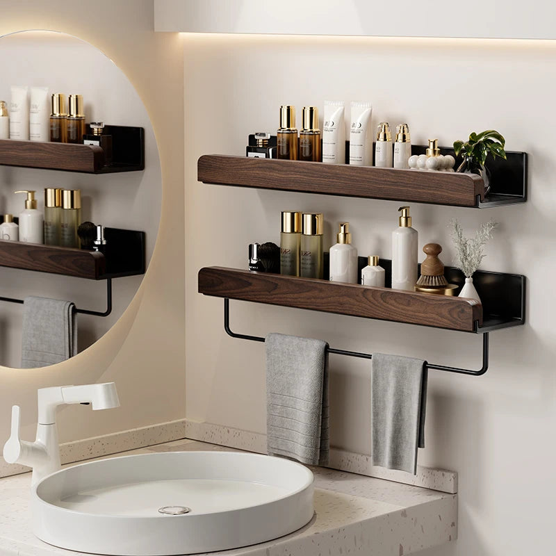 Étagère Murale Salle de Bain Hêtre ou Noyer, 30 à 60 cm