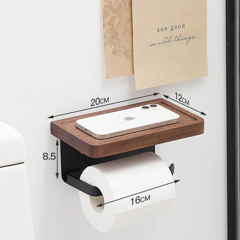 Porte-Papier Toilette Mural avec Tablette en Bois, Noir ou Blanc, 16 à 30 cm