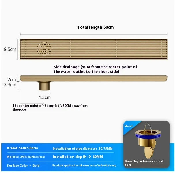 Caniveau de Douche Doré Inox 304, 20 à 60 cm de Long