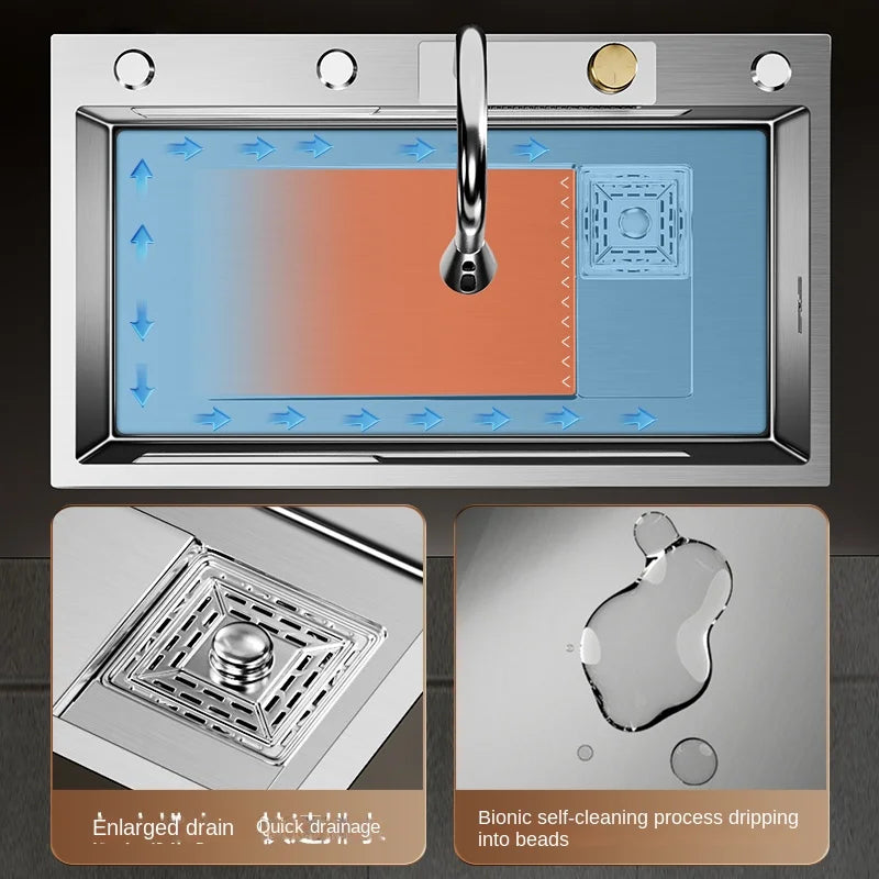 Évier Cuisine Inox 304 Cascade 1 Bac avec Robinet, 3 Largeurs