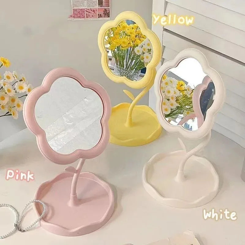 Miroir de Table Fleur avec Plateau de Rangement, Rose, Blanc ou Jaune