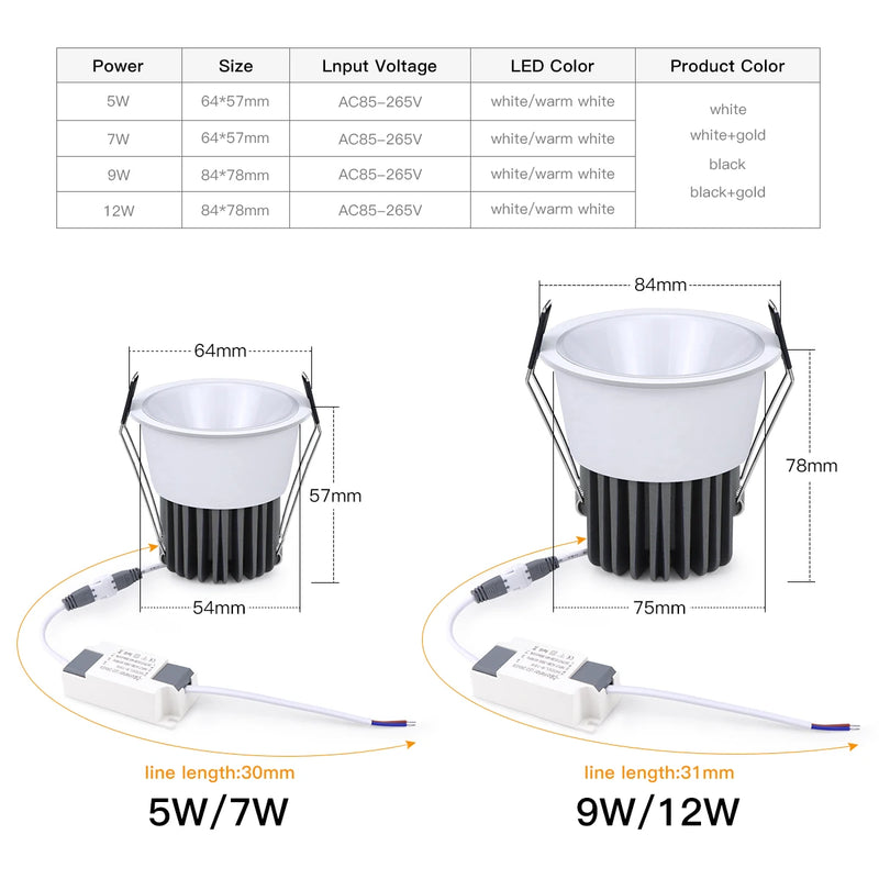 Spot LED Encastrable Cuisine Anti-Éblouissement, Noir ou Blanc, 7 ou 12 W