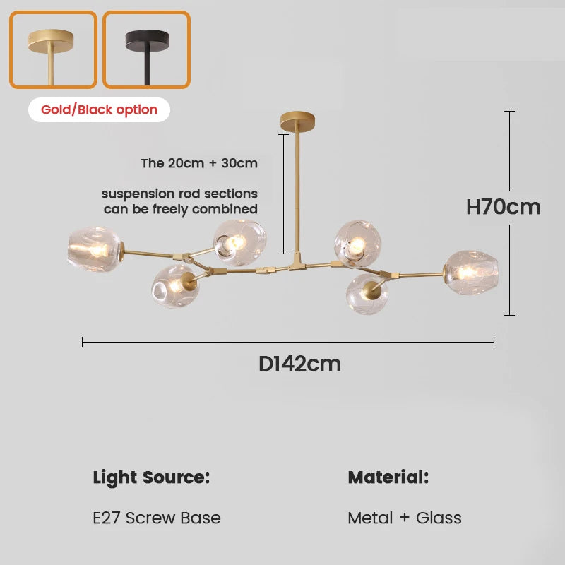 Suspension Cuisine Branches Globes en Verre, 3 à 9 Têtes