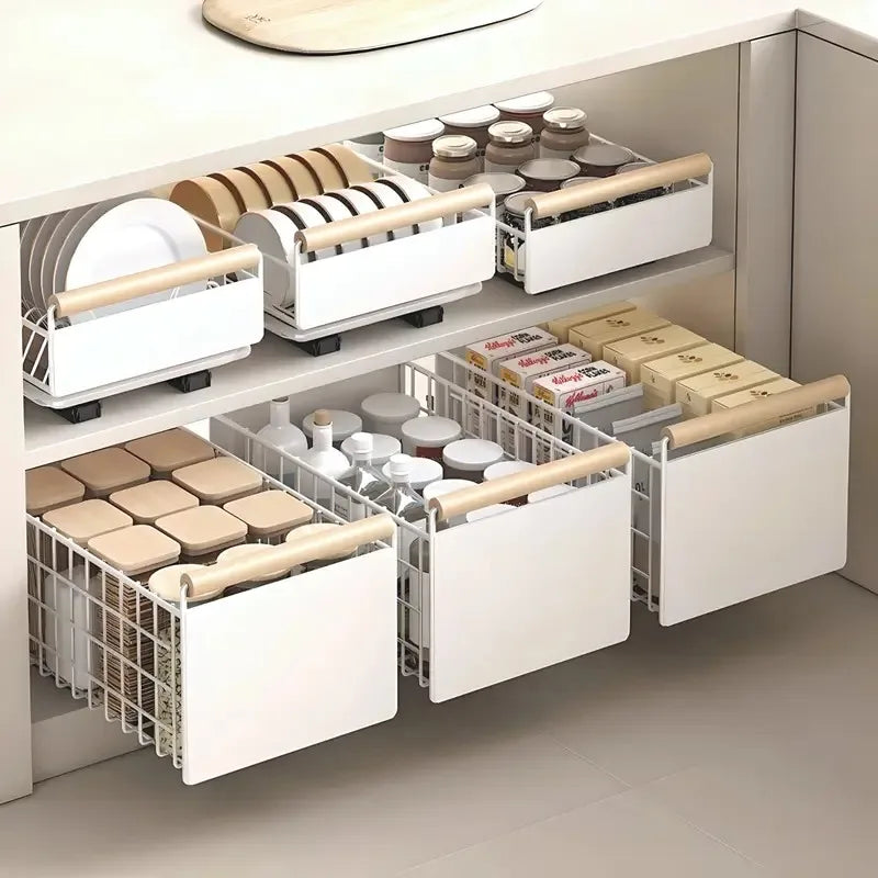 Rangement Coulissant Cuisine Blanc, Étagère à Assiettes, Bols ou Condiments