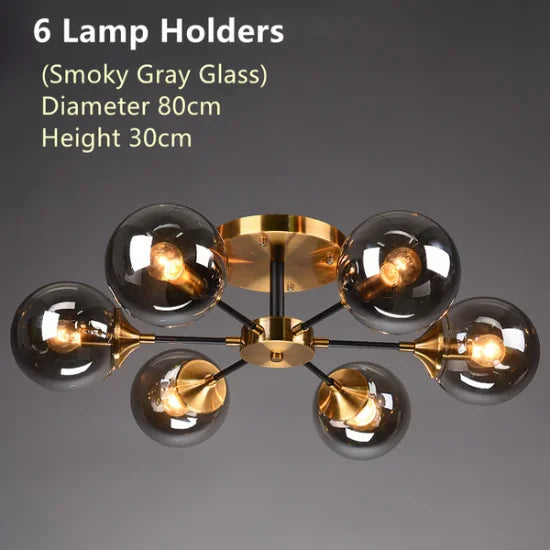 Plafonnier Cuisine Design à Globes en Verre 3 à 10 Lampes, Doré