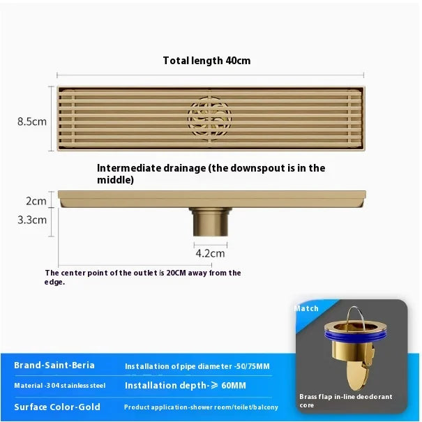 Caniveau de Douche Doré Inox 304, 20 à 60 cm de Long