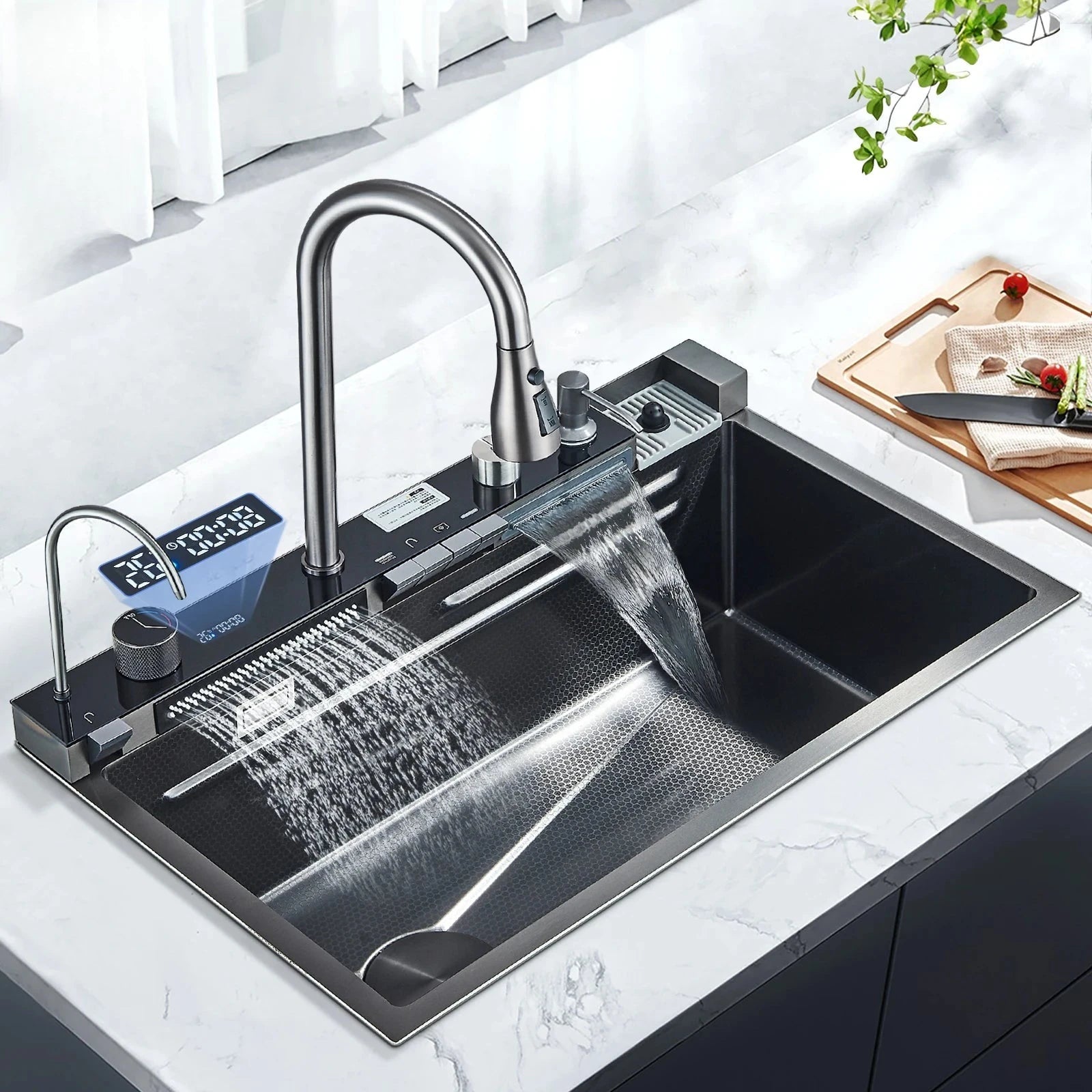 Évier Cuisine Inox 1 Bac Multifonction avec Robinet, 60 à 75 cm