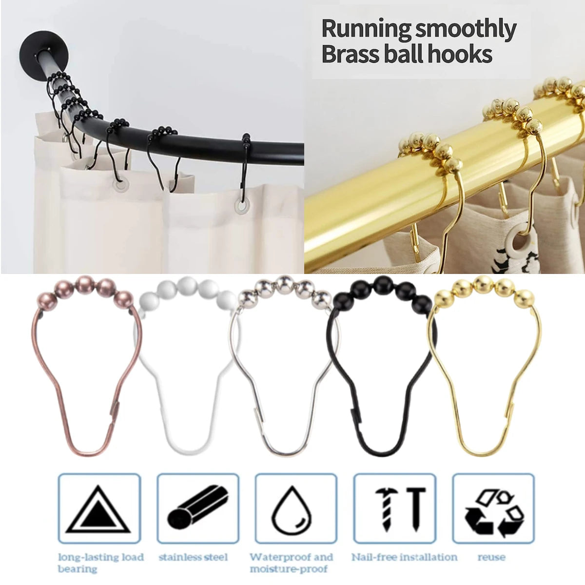 Crochets de Rideau de Douche à Billes Roulantes, Lot de 12, 5 Finitions