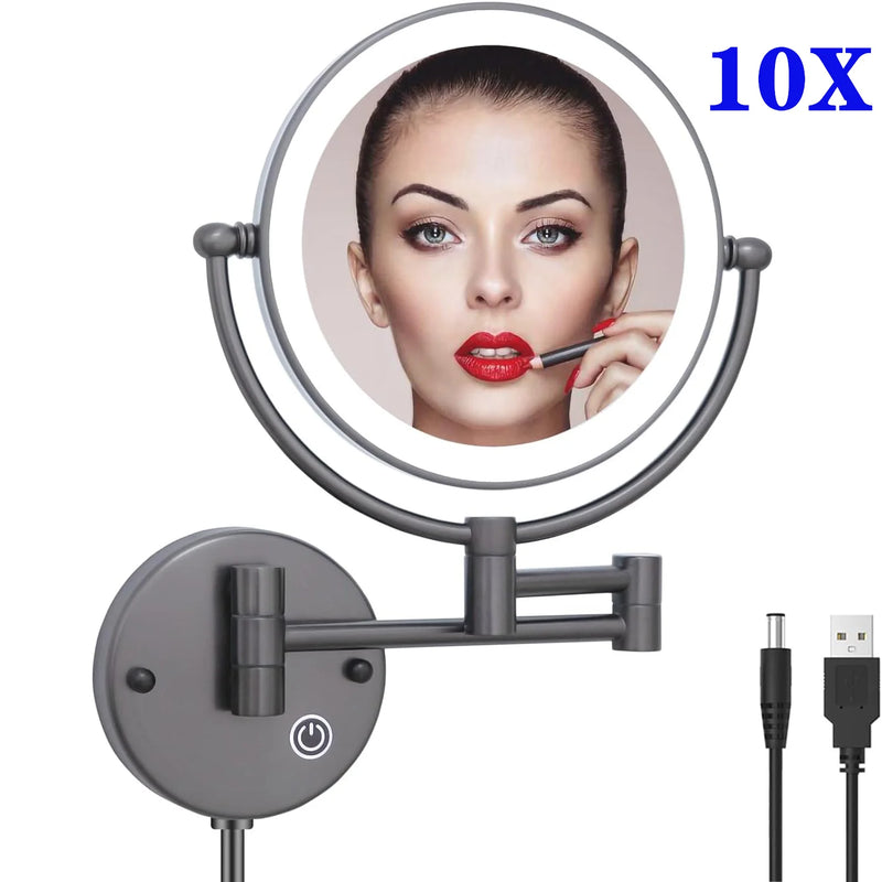 Miroir de Maquillage LED Grossissant 10X Tactile Mural Double Bras Extensible